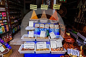 Spices and herbs being sold on street stal at Morocco market