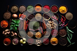 Spices and herbs on black background. Food and cuisine ingredients, Colorful collection of spices and herbs on a black table, AI