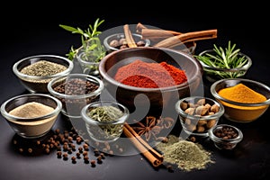 Spices and herbs on black background. Food and cuisine ingredients, Variety of spices in glass bowls and mortar on black slate