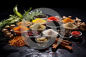 Spices and herbs on a black background. Food and cuisine ingredients, Variety of spices in glass bowls and mortar on black slate