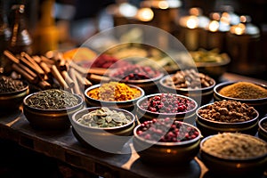 Spices and herbs in bowls on wooden table, close-up