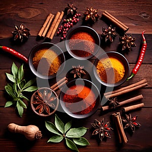 Spices and herbs, cooking ingredients condiments, top down view on wooden background