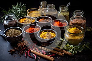 Spices and herbs on dark background. Food and cuisine ingredients, Variety of spices in glass bowls and mortar on black slate