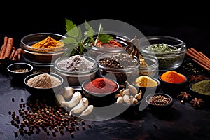 Spices and herbs on dark background. Food and cuisine ingredients, Variety of spices in glass bowls and mortar on black slate