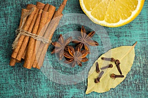 Spices and herbs. Food, cuisine ingredients, cinnamon, clove, anise, lemon