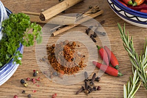 Spices, herbs and fruit for flavouring food.