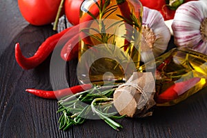 Spices and herbs ingredients in decorative glass bottles,kitchen decoration