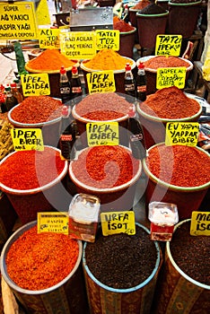 Spices and herbs on a market display in Gaziantep, Turkey
