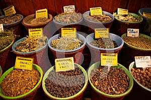Spices and herbs on a market display in Gaziantep, Turkey photo