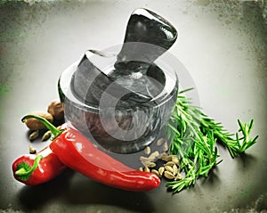 Spices,Herbs and mortar with pestle photo