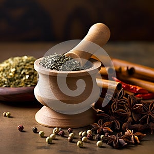 Spices and herbs, mortar and pestle on a blurred brown background. AI generated.