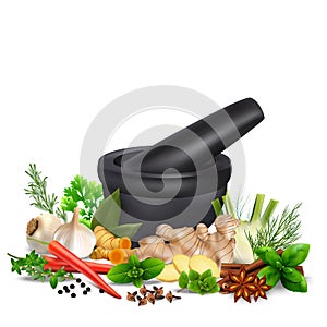Spices and herbs with mortar and pestle isolated white background