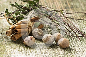 Spices and Herbs on old wood background