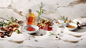 Spices herbs and olive oil over white wood table. AI Generated
