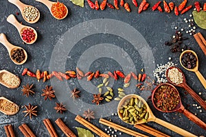 Spices and herbs over black stone background