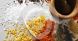 Spices, herbs and powder on table in kitchen for cooking, food or seasoning collection with color. Top View, curry and