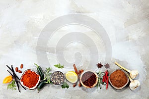 Spices and herbs on table. Food and cuisine ingredients.