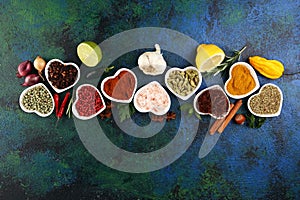 Spices and herbs on table. Food and cuisine ingredients with oil and vinegar