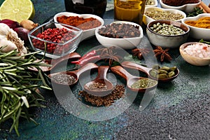 Spices and herbs on table. Food and cuisine ingredients with oil and vinegar