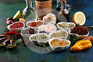 Spices and herbs on table. Food and cuisine ingredients with oil and vinegar