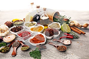 Spices and herbs on table. Food and cuisine ingredients with oil and vinegar