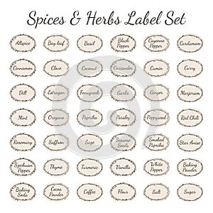 Spices and herbs vector label set for kitchen jar.