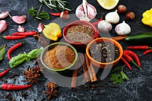 Spices and herbs on white background. Food and cuisine ingredien