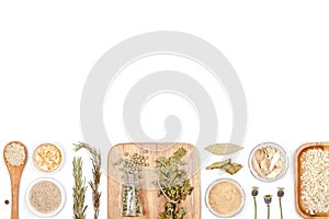 Spices and herbs on white background. top view