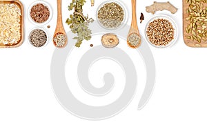 Spices and herbs on white background. top view