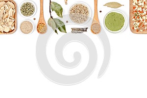 Spices and herbs on white background. top view