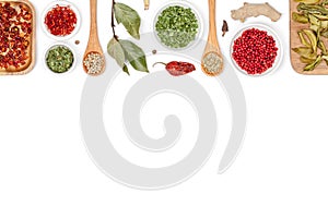 Spices and herbs on white background. top view