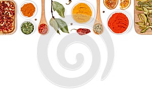 Spices and herbs on white background. top view