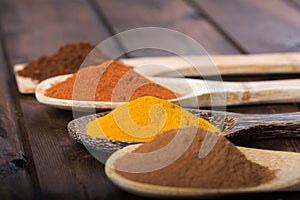 Spices and herbs in wood spoons over wooden background