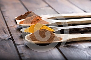 Spices and herbs in wood spoons over wooden background