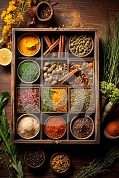 spices and herbs in a wooden box, top view