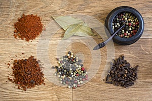 Spices and herbs on a wooden table