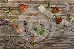 spices and herbs on the wooden table