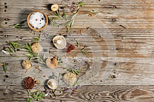 spices and herbs on the wooden table