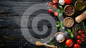 Spices and herbs on a wooden table