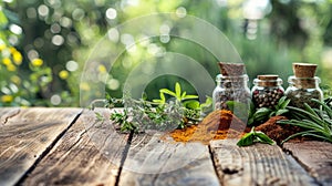 Spices and herbs on wooden table outside