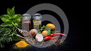 Spices and herbs on wooden table. Spices condiments and herbs on black background.