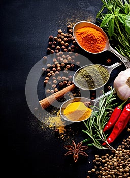 Spices and herbs on wooden table. Spices condiments and herbs on black background.