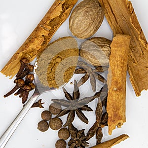 Spices at home. Food photography. White background photo