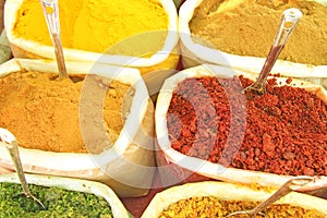 Spices India. Spices are sold on the market in India. Red pepper