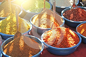 Spices India. Spices are sold on the market in India. Red pepper