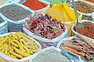 Spices India. Spices are sold on the market in India. Red pepper