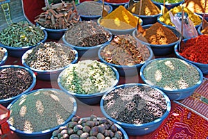 Spices India. Spices are sold on the market in India. Red pepper, cinnamon, baden, turmeric, anise, cardamom and others