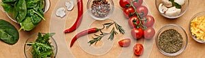 Spices and ingredients for homemade pizza on wooden table