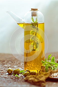 Spices kitchen olive oil bottle herbs