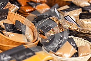 Spices in little bags and baskets